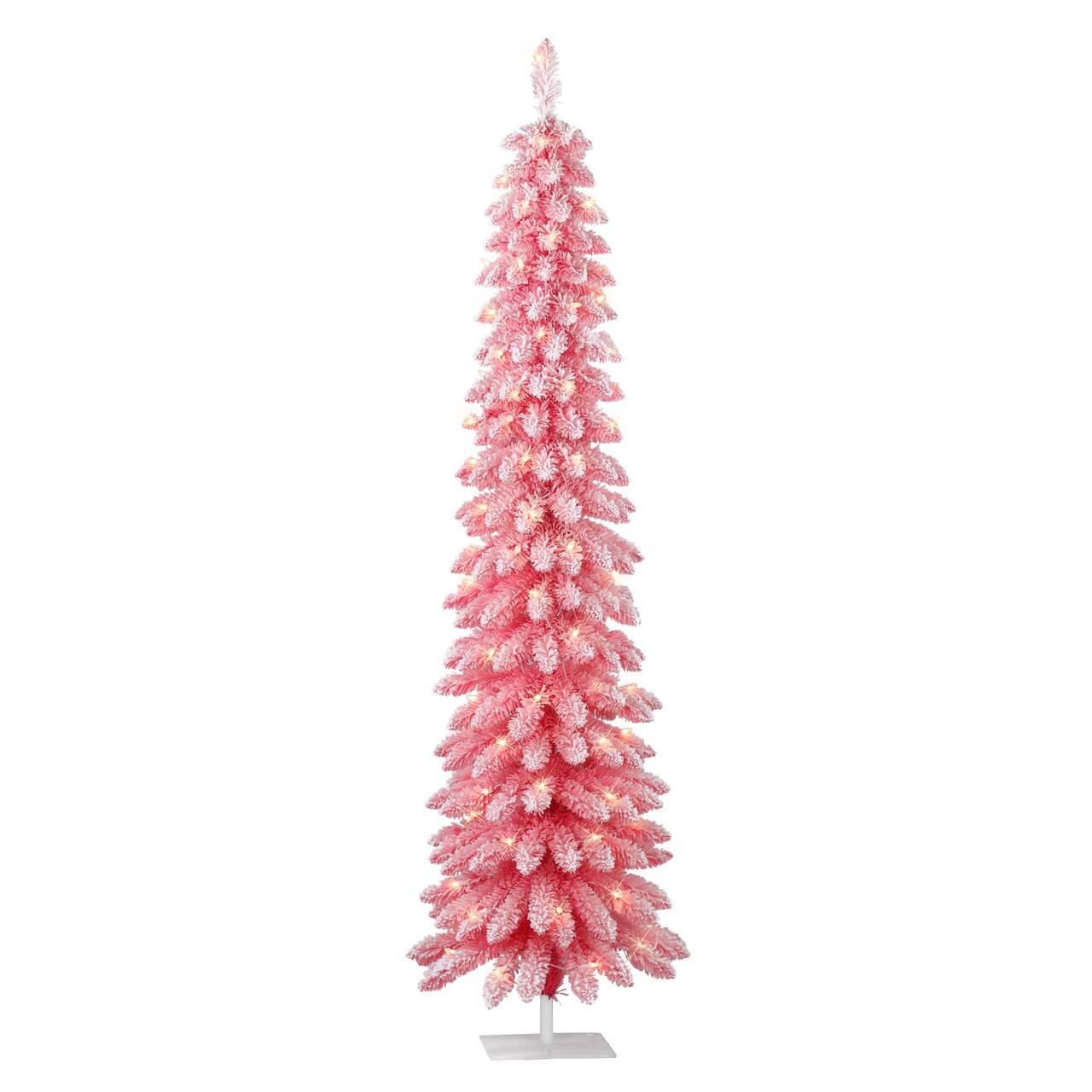 7ft. Pre-Lit Flocked Pink Artificial Alpine Pencil Tree, Clear Lights